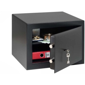 Cassaforte per mobili Burg-Wächter Homesafe H 210 K, porta aperta, oggetti di valore e cartella all'interno.