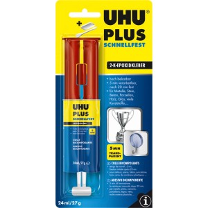 Uhu Plus Schnellfest adesivo epossidico bicomponente, siringa a doppia camera trasparente con 27g di contenuto.