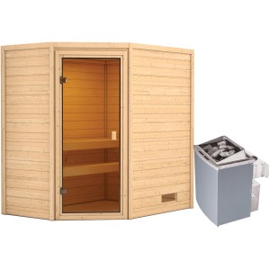 Sauna Woodfeeling Jella con porta in vetro bronzato e stufa da 9 kW.