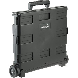 Carrello spesa Keeeper nero piegato con maniglia e ruote.