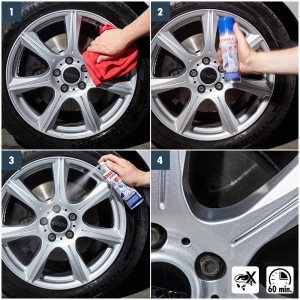 Application du scellant pour jantes Sonax Xtreme en 4 étapes pour une protection et un éclat optimal.
