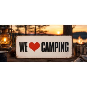 Metallschild We love Camping, 30x13cm, Vintage-Stil, auf Holztisch mit Laterne, See & Lagerfeuer bei Sonnenuntergang.