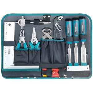 Technocraft Valigetta porta attrezzi Pro Chrome Wood con utensili e avvitatore a batteria.