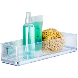 Étagère de douche Wenko Maxiablage Vacuum-Loc Quadro avec articles de bain, transparent et argenté.
