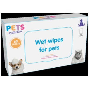 Salviette umidificate per cani e gatti, 60 pezzi, per la pulizia delicata di pelle e pelo.