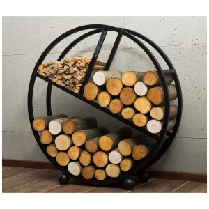 CookKing Étagère à bûches Diego, ronde, en acier, 80 cm, remplie de bûches.