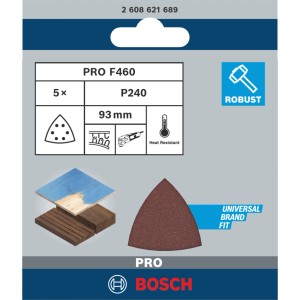 Feuille abrasive Bosch Delta F460, grain 240, pack de 5. Papier de verre triangulaire pour bois et peinture, 93 mm.