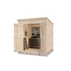 Abri de jardin en bois Storehaus Sepp M avec toit monopente et portes doubles ouvertes.