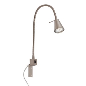 Lampada da letto a LED orientabile Tuso in nichel opaco, luce bianca calda, braccio flessibile.