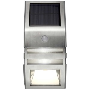 Applique murale solaire LED Wandy argentée de Star Trading avec panneau solaire et détecteur de mouvement.