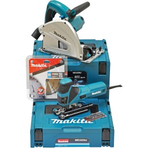 Set seghe Makita: sega a immersione, seghetto alternativo, lama e Makpacs in valigetta blu.