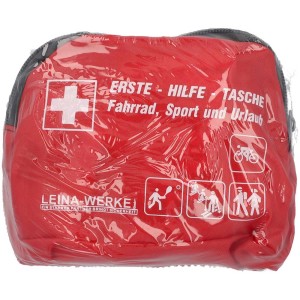 Kit di pronto soccorso rosso da viaggio, ideale per bici, sport e vacanze.