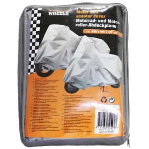 Housse de protection pour moto et scooter, hydrofuge et résistante à l'hiver, emballée dans un sac gris.