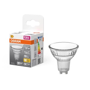 Lampada riflettore LED GU10 Osram, 3,1W, bianco caldo, accanto alla confezione del prodotto.