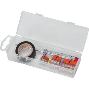 Set elettrico con connettori, tester di tensione e nastro isolante in scatola trasparente.