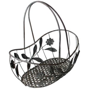 Cesto ovale in metallo con manico, grigio antico, con decoro floreale per giardino e balcone.