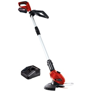 Tagliabordi a batteria Einhell GE-CT 18 Li con batteria e caricabatterie. Rosso, con manico regolabile.