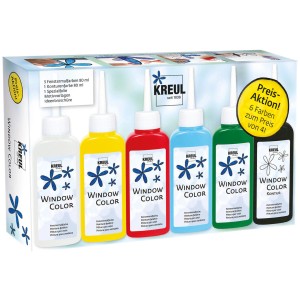 Hobby Line Glas Design Aktionsset mit 6 Fenstermalfarben (80ml) in Weiß, Gelb, Rot, Blau, Grün und Schwarz, inkl. Folie und Vorlagen.