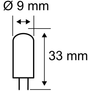 Technische Zeichnung: Paulmann Halogen-Stiftsockel G4, 9x33mm, für Backofenlampen.