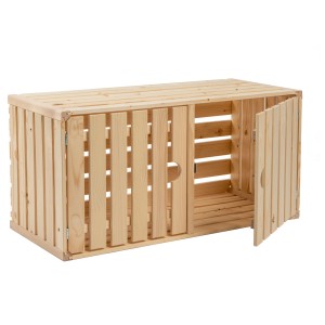 Schweizer Holzharasse mit Türchen, unbehandeltes Fichtenholz, ideal zur Aufbewahrung und als Regalsystem.