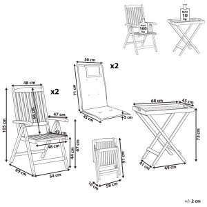 Maßzeichnung des Beliani Bistro-Sets Amantea Premium. Zeigt Maße von klappbarem Tisch, 2 Hochlehnern und Kissen für Balkonmöbel.