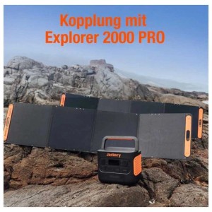 Pannello solare Jackery SolarSaga 200W con power station su roccia. Sistema solare per campeggio e outdoor.