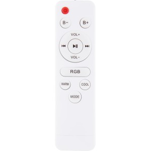 Télécommande pour plafonnier LED Globo Raffy, blanc, avec boutons pour couleur de la lumière, volume et mode RGB.