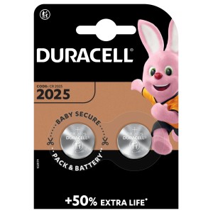 Confezione da 2 batterie a bottone al litio Duracell CR2025 con sicurezza bambini per dispositivi come bilance e telecomandi.