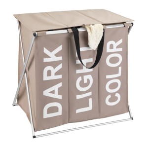 Cesto portabiancheria Wenko Trio color talpa, 118L, con 3 scomparti per bucato scuro, chiaro e colorato. Pratico cesto con coperchio.