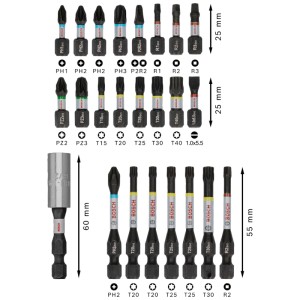 Set di inserti Bosch Professional PRO Impact, 24 pezzi, varie dimensioni e tipi per avvitatura.