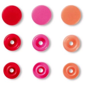 Bottoni a pressione Prym Color Snaps in rosso, rosa e arancione, 30 pezzi, per progetti di cucito creativi.