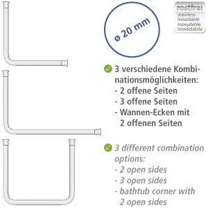 Wenko Barre d'angle universelle, noire, Ø 20mm, diverses options de montage pour douche et baignoire.