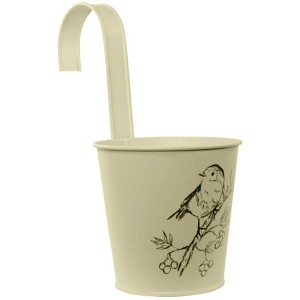 Vaso sospeso in metallo beige con motivo pettirosso per balcone, giardino o recinzione.