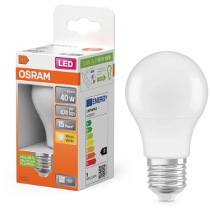 Lampadina LED Osram E27, 40W, bianco caldo, con confezione. Lampadina a risparmio energetico per portalampade standard.