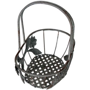 Cesto ovale in metallo con manico, grigio antico, con decoro floreale, 30x16x30 cm.