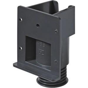 Vérin de réglage Hettich noir en plastique pour meubles et armoires, avec filetage et plaque.