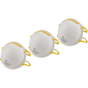 LUX Masque anti-poussière FFP1, lot de 3, masques jetables blancs avec élastiques jaunes.