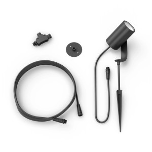 Philips Hue Lily Outdoor Spot, schwarz, mit Erdspieß, Kabel und Montagezubehör.