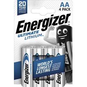Energizer Ultimate Lithium AA, confezione da 4 batterie stilo per dispositivi ad alto consumo.
