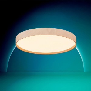 Plafonnier LED Philips rond aspect bois, 30 cm, diffuse une lumière blanc chaud.