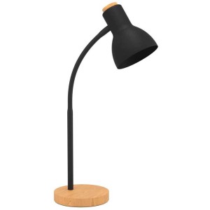 Lampada da tavolo nera Eglo Veradal con base in legno e braccio flessibile.