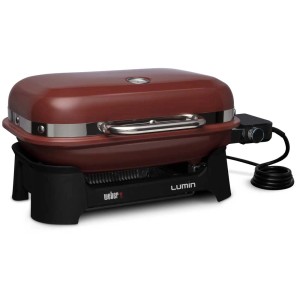 Grill elettrico Weber Lumin Compact rosso con coperchio e controllo temperatura.
