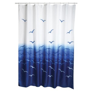 Tenda doccia MSV blu e bianca con motivo a gabbiani, 180x200 cm.