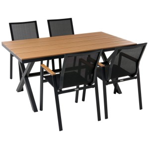 Ensemble de jardin Beliani Tiano: table rectangulaire plateau bois composite marron, 4 chaises aluminium noir textile.