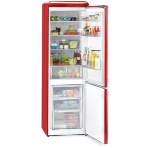 Offener, roter Trisa Kühlschrank Frescolino Classic mit Lebensmitteln gefüllt.