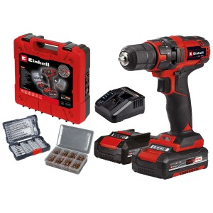 Einhell TC-CD 18/35 Li kit de perceuse-visseuse sans fil avec batteries, chargeur, embouts, forets et vis dans une mallette.
