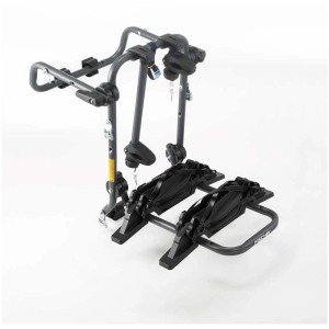 Porte-vélos arrière pour 2 vélos, gris, avec supports et sangles pour fixation sur voiture.