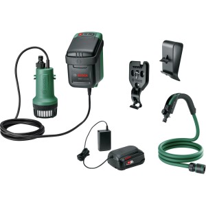 Bosch Akku GardenPump 18V-2000 : Pompe électrique avec batterie, chargeur, tuyau et accessoires pour l'arrosage du jardin.