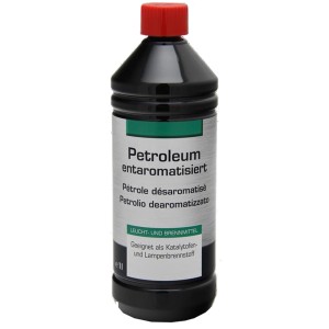 Farblose 1 l Flasche entaromatisiertes Petroleum, geeignet als Reiniger und Brennstoff.