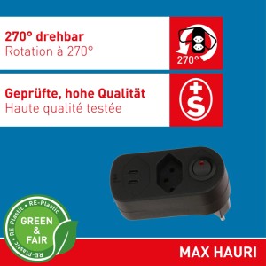 Schwarzer Max Hauri Abzweigstecker Adapt, drehbar, mit T13 Steckdose, 2 USB-C Ladeanschlüssen und Schalter.